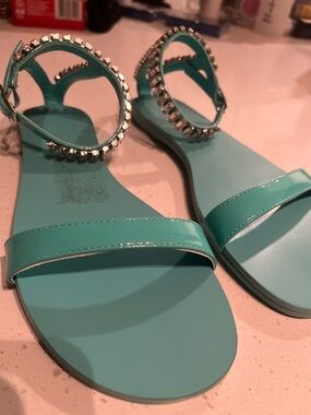 Turquoise Jewel-Ankle Flat Sandals